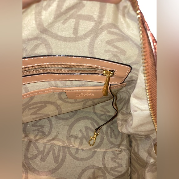 Michael Kors MK Monogrammed Shiny Gold Metallic Large Duffel Tote Purse Bag - Picture 10 of 14